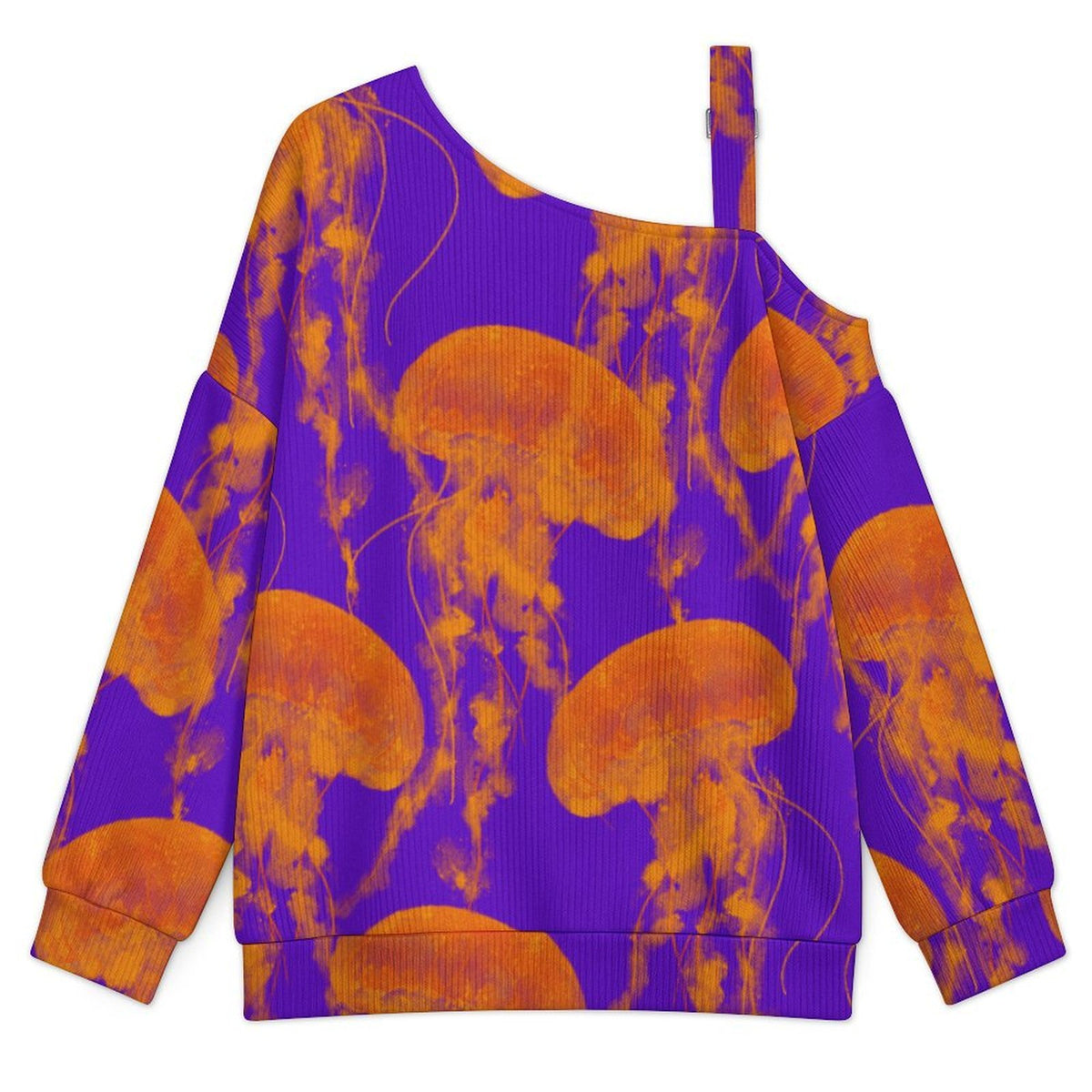 Off-the-shoulder Sweater Jellyfish Ocean Corlorful  Asymmetric Cold Shoulder Knit Sweater for Women, Adjustable Buckle Strap Long Sleeve Casual Slouchy Pullover