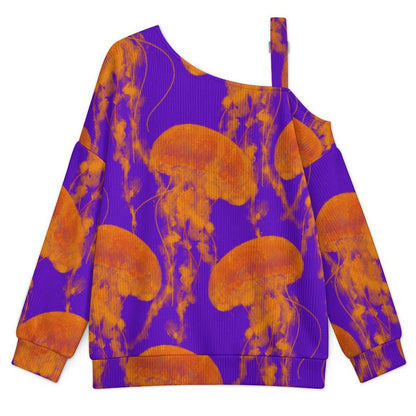 Off-the-shoulder Sweater Jellyfish Ocean Corlorful  Asymmetric Cold Shoulder Knit Sweater for Women, Adjustable Buckle Strap Long Sleeve Casual Slouchy Pullover