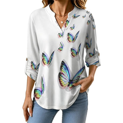 Stand-up Collar Long-sleeved Shirt Colorful Butterfly  Customization Women’s V-Neck Blouses,long Sleeve,Roll-Up Sleeve Shirt