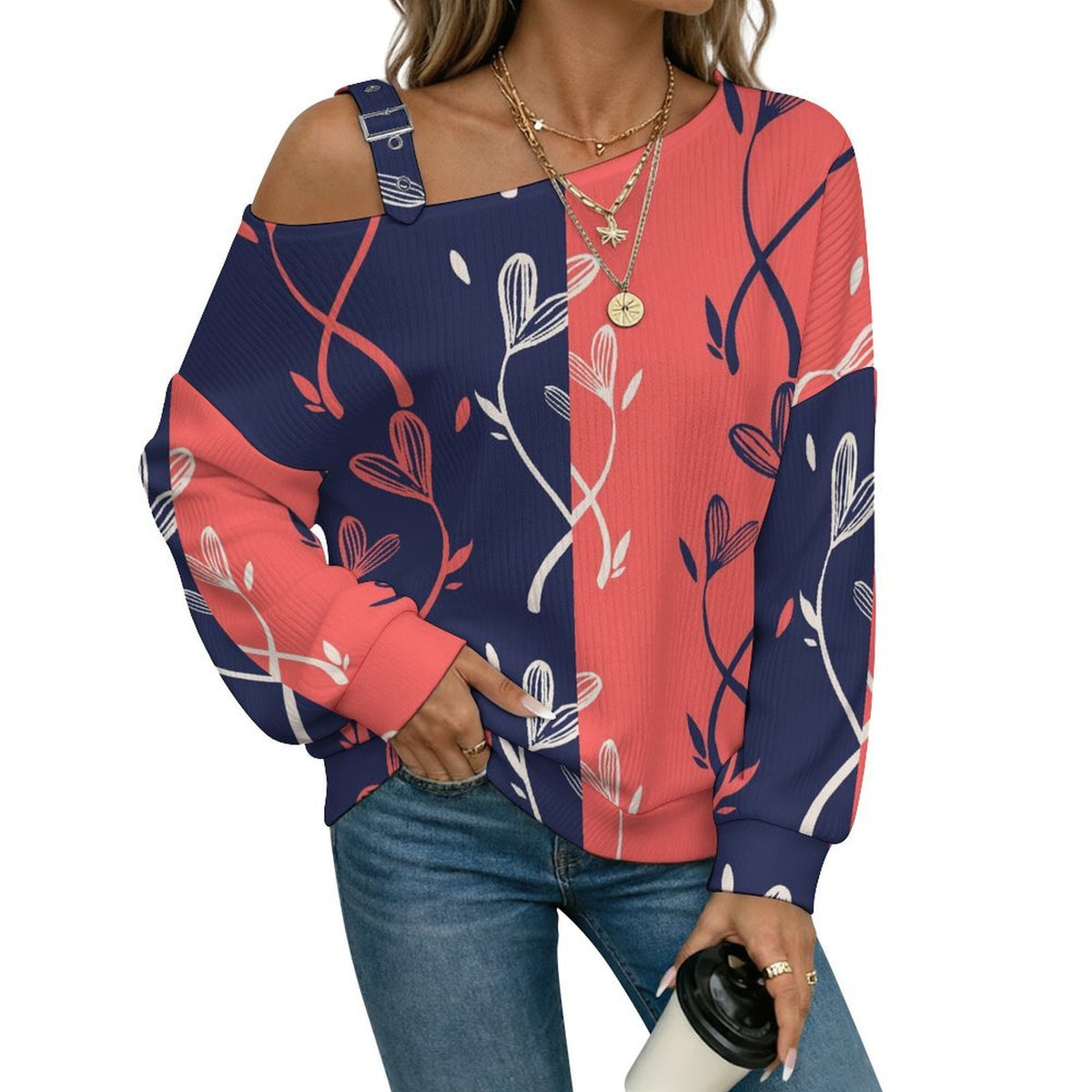 Off-the-shoulder Sweater Contrast, Pattern Design,flower  Asymmetric Cold Shoulder Knit Sweater for Women, Adjustable Buckle Strap Long Sleeve Casual Slouchy Pullover