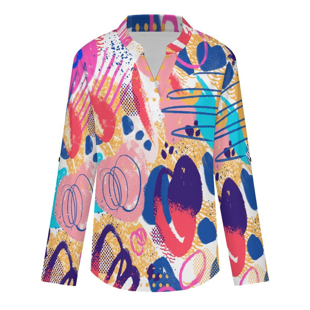 Stand-up Collar Long-sleeved Shirt Color Graffiti Pattern, Cartoon  Customization Women’s V-Neck Blouses,long Sleeve,Roll-Up Sleeve Shirt