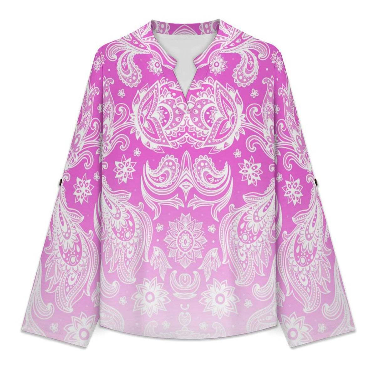 Paisley Women's Notched V Neck Tunic Tops, Roll Up 3/4 Sleeve Button Cuff Casual Blouse, Hem Loose Work Shirts