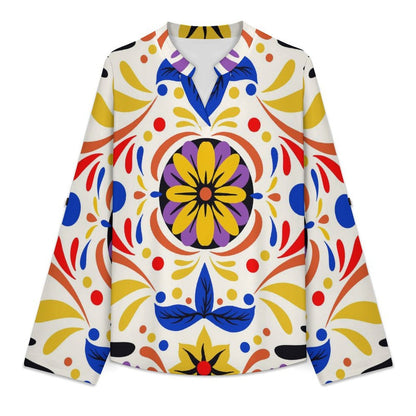 Stand-up Collar Long-sleeved Shirt Mexico Pattern  Customization Women’s V-Neck Blouses,long Sleeve,Roll-Up Sleeve Shirt