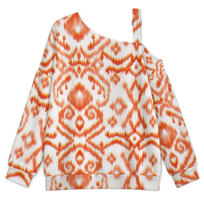 Off-the-shoulder Sweater European Retro Pattern  Asymmetric Cold Shoulder Knit Sweater for Women, Adjustable Buckle Strap Long Sleeve Casual Slouchy Pullover