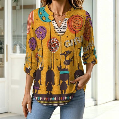 Stand-up Collar Long-sleeved Shirt Indian Cartoon Doll  Customization Women’s V-Neck Blouses,long Sleeve,Roll-Up Sleeve Shirt