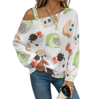 Off-the-shoulder Sweater Tile Pattern-cat-dessert-cute-cartoon-pink-green-black  Asymmetric Cold Shoulder Knit Sweater for Women, Adjustable Buckle Strap Long Sleeve Casual Slouchy Pullover