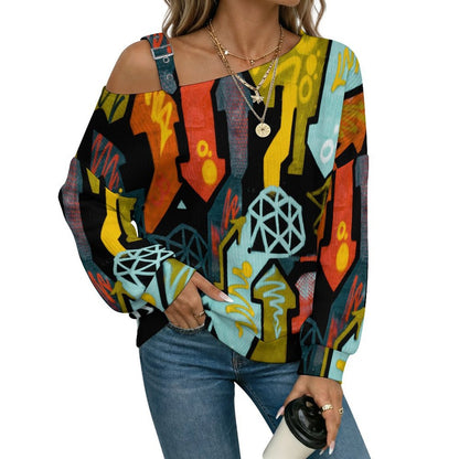 Off-the-shoulder Sweater Wall Graffiti  Asymmetric Cold Shoulder Knit Sweater for Women, Adjustable Buckle Strap Long Sleeve Casual Slouchy Pullover