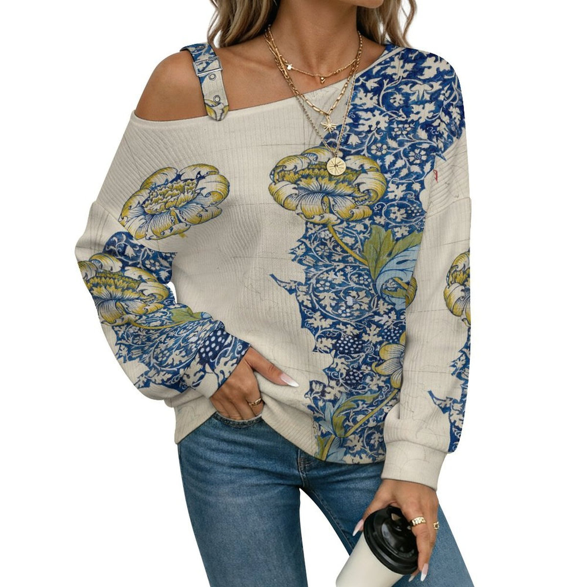Off-the-shoulder Sweater Watercolor Pattern  Asymmetric Cold Shoulder Knit Sweater for Women, Adjustable Buckle Strap Long Sleeve Casual Slouchy Pullover