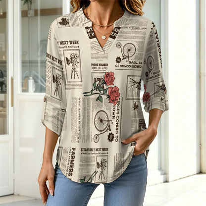 Stand-up Collar Long-sleeved Shirt Yellow Newspaper  Red Rose  Customization Women’s V-Neck Blouses,long Sleeve,Roll-Up Sleeve Shirt