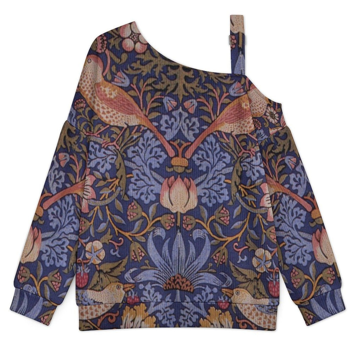 Fall Casual Asymmetric Shoulder Knit Top with Buckle Detail Retro Pattern, Bird