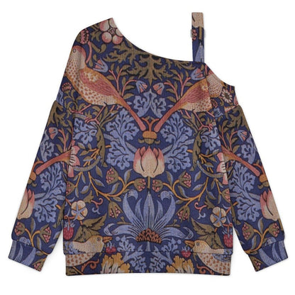 Fall Casual Asymmetric Shoulder Knit Top with Buckle Detail Retro Pattern, Bird