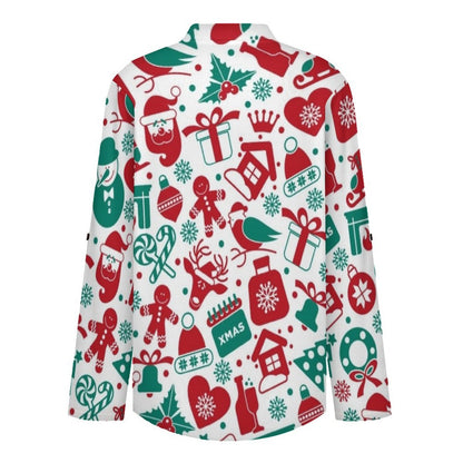 Stand-up Collar Long-sleeved Shirt Christmas Pattern  Customization Women’s V-Neck Blouses,long Sleeve,Roll-Up Sleeve Shirt