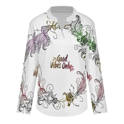 Stand-up Collar Long-sleeved Shirt Good Vibes Only  Customization Women’s V-Neck Blouses,long Sleeve,Roll-Up Sleeve Shirt