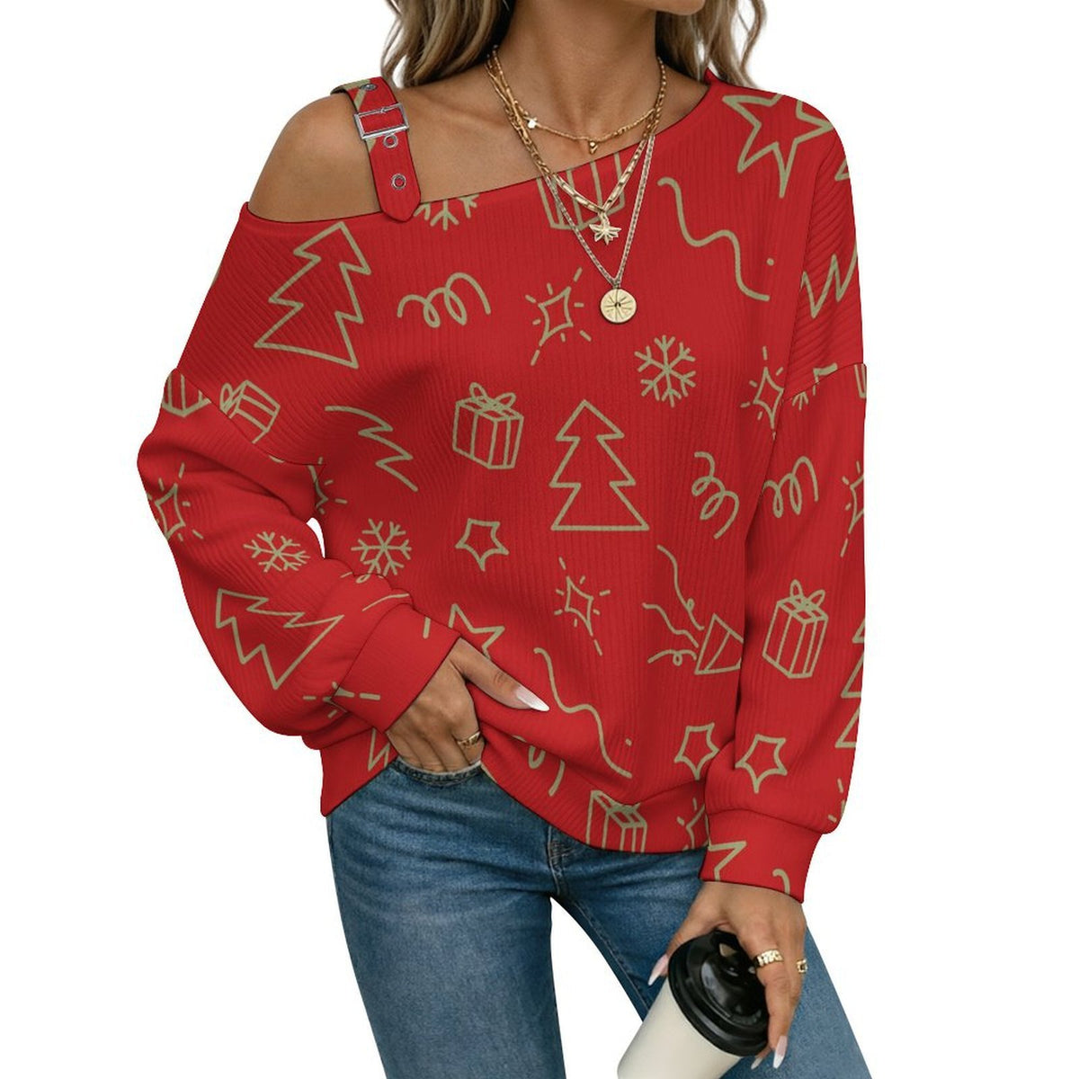Off-the-shoulder Sweater Christmas Pattern Christmas Tree Green Simple Stroke  Asymmetric Cold Shoulder Knit Sweater for Women, Adjustable Buckle Strap Long Sleeve Casual Slouchy Pullover