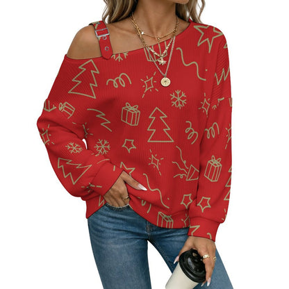 Off-the-shoulder Sweater Christmas Pattern Christmas Tree Green Simple Stroke  Asymmetric Cold Shoulder Knit Sweater for Women, Adjustable Buckle Strap Long Sleeve Casual Slouchy Pullover