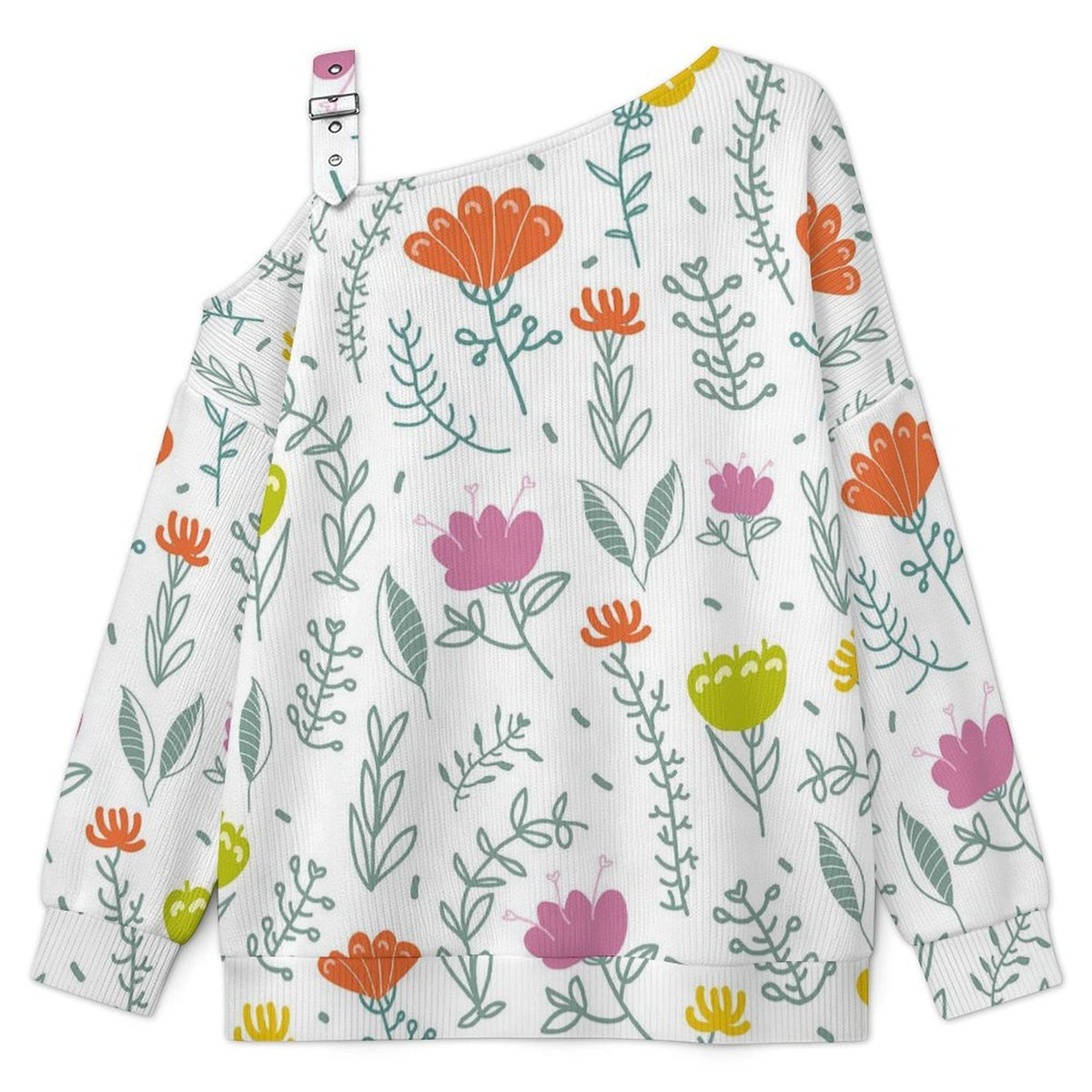 Off-the-shoulder Sweater Floral Pattern  Asymmetric Cold Shoulder Knit Sweater for Women, Adjustable Buckle Strap Long Sleeve Casual Slouchy Pullover