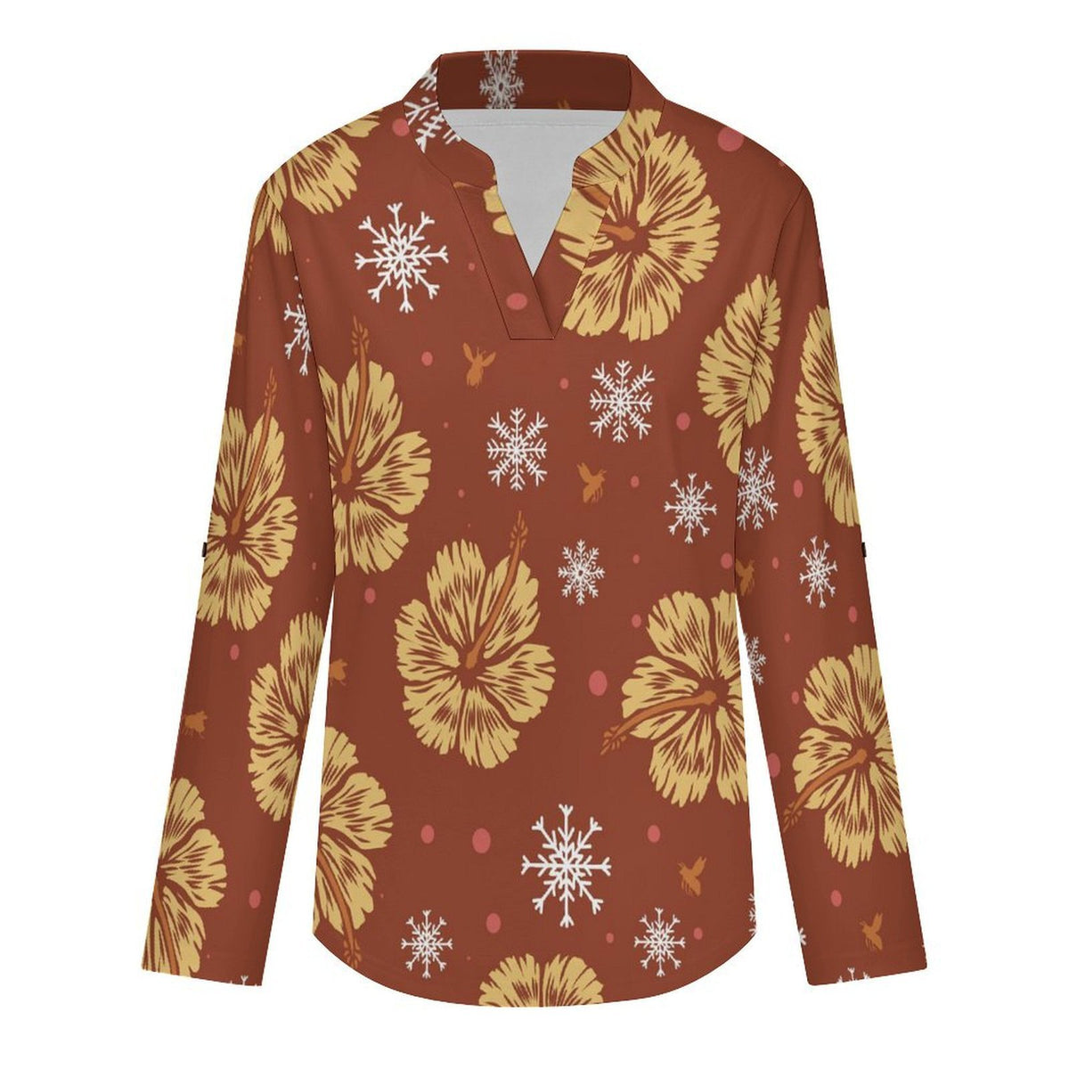 Stand-up Collar Long-sleeved Shirt Orange Background, Flowers  Customization Women’s V-Neck Blouses,long Sleeve,Roll-Up Sleeve Shirt