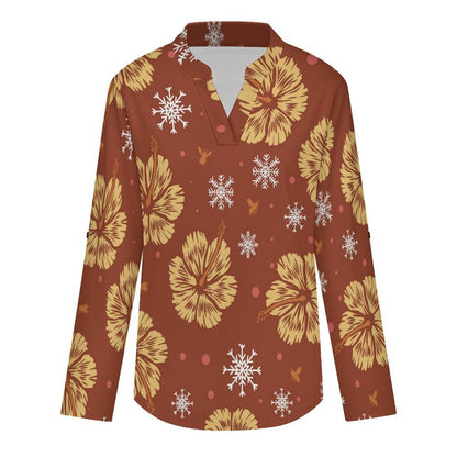 Stand-up Collar Long-sleeved Shirt Orange Background, Flowers  Customization Women’s V-Neck Blouses,long Sleeve,Roll-Up Sleeve Shirt