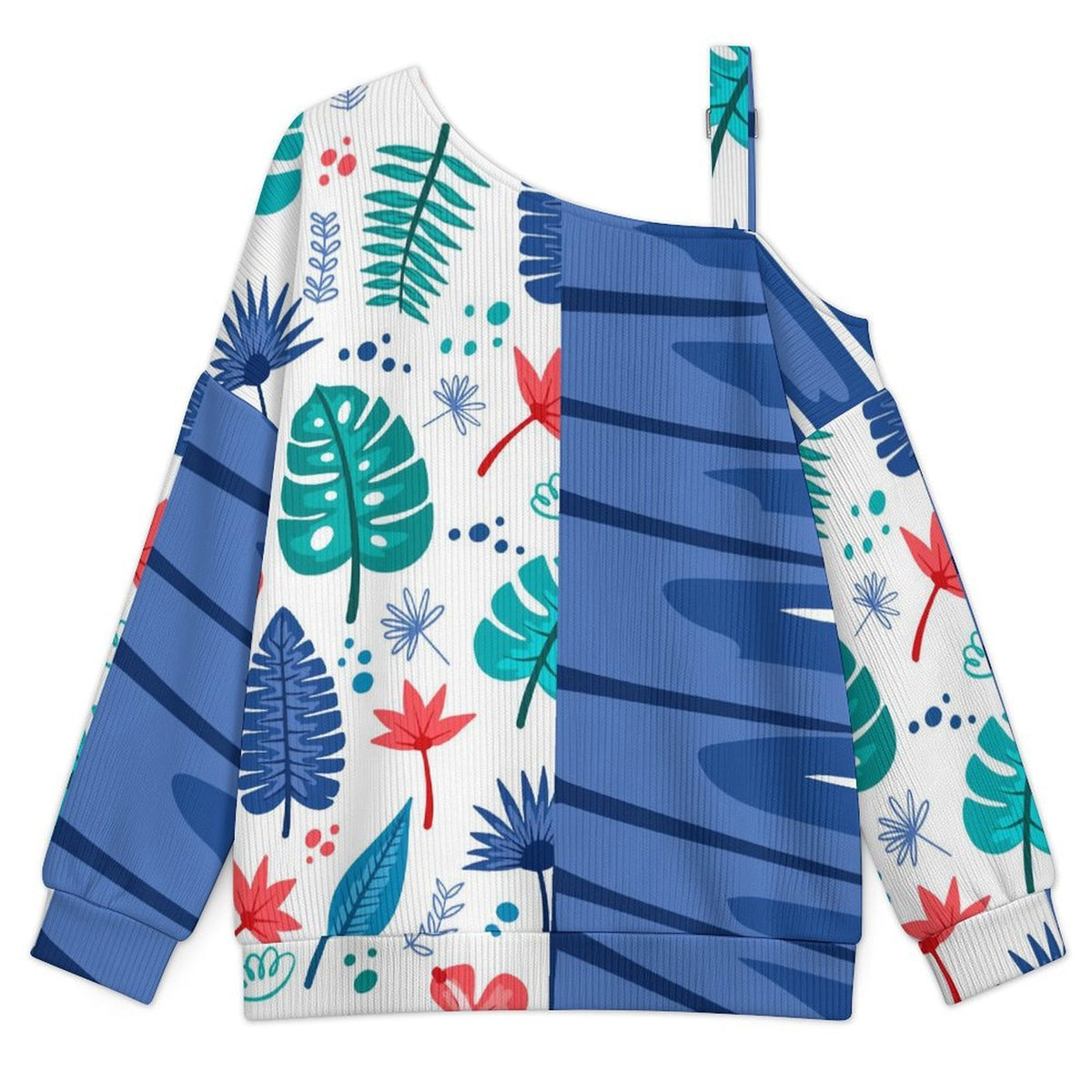 Off-the-shoulder Sweater Contrast, Marijuana Leaves, Flowers, Dark Blue  Asymmetric Cold Shoulder Knit Sweater for Women, Adjustable Buckle Strap Long Sleeve Casual Slouchy Pullover