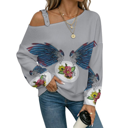 Off-the-shoulder Sweater Wing  Asymmetric Cold Shoulder Knit Sweater for Women, Adjustable Buckle Strap Long Sleeve Casual Slouchy Pullover