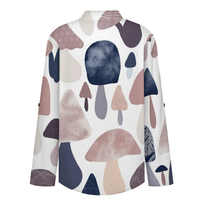 Stand-up Collar Long-sleeved Shirt Mushrooms Background  Customization Women’s V-Neck Blouses,long Sleeve,Roll-Up Sleeve Shirt