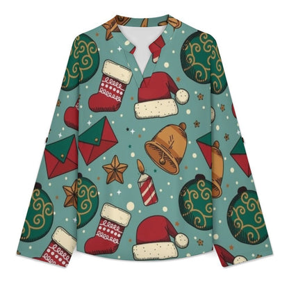 Stand-up Collar Long-sleeved Shirt Merry Christmas  Customization Women’s V-Neck Blouses,long Sleeve,Roll-Up Sleeve Shirt