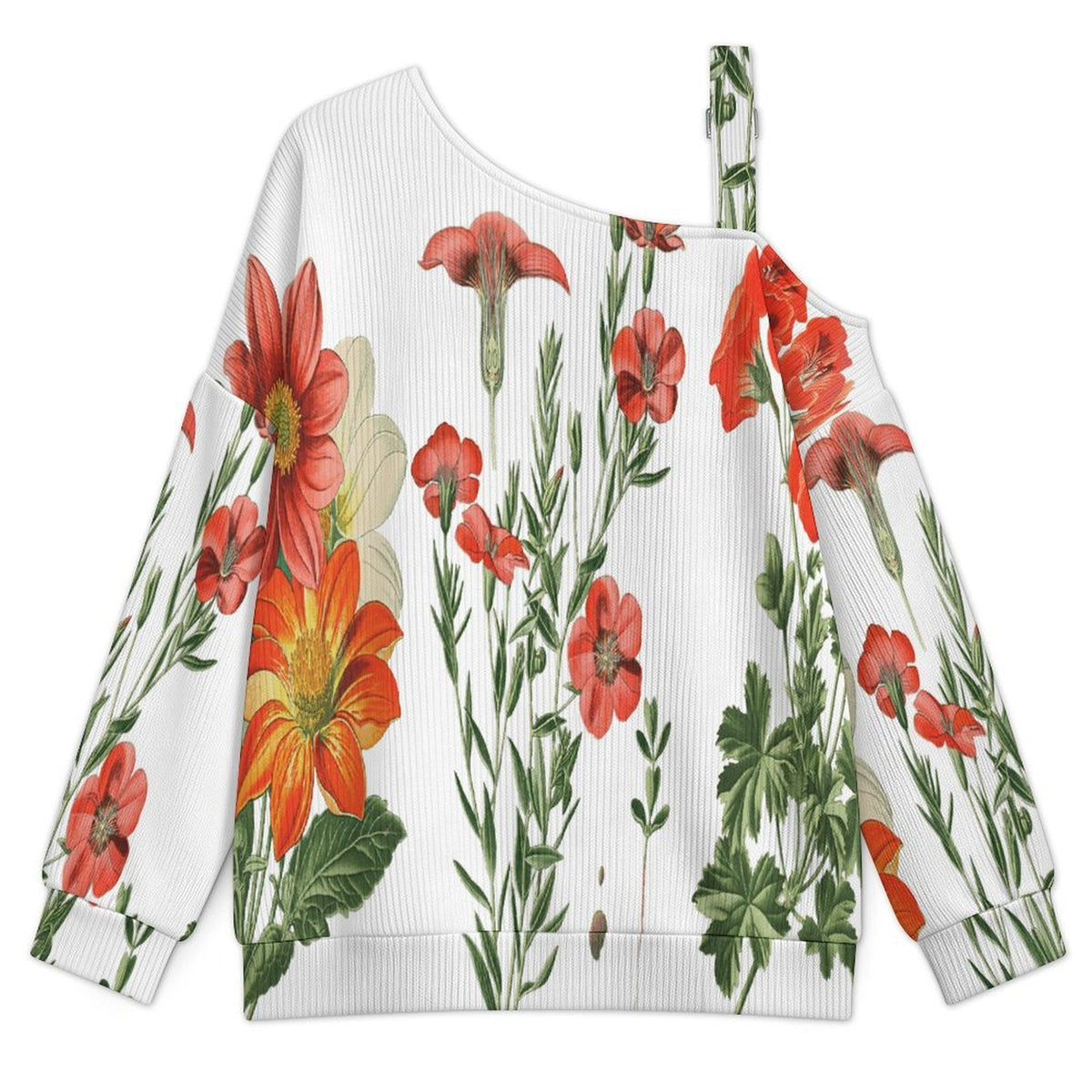 Off-the-shoulder Sweater Flowers  Asymmetric Cold Shoulder Knit Sweater for Women, Adjustable Buckle Strap Long Sleeve Casual Slouchy Pullover