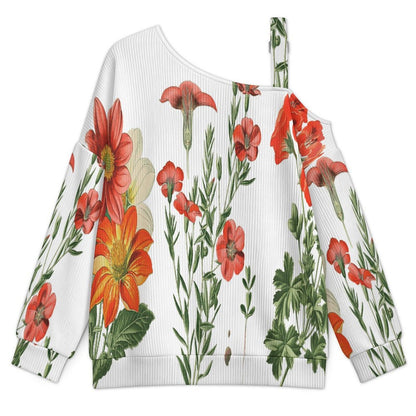 Off-the-shoulder Sweater Flowers  Asymmetric Cold Shoulder Knit Sweater for Women, Adjustable Buckle Strap Long Sleeve Casual Slouchy Pullover