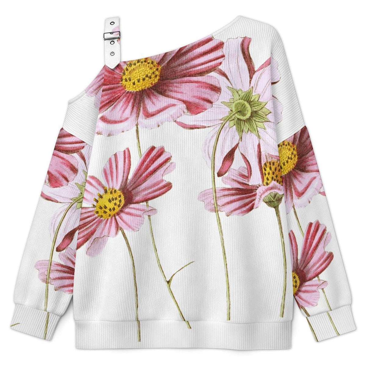 Off-the-shoulder Sweater Fleurs Des Cosmos Dessin  Asymmetric Cold Shoulder Knit Sweater for Women, Adjustable Buckle Strap Long Sleeve Casual Slouchy Pullover