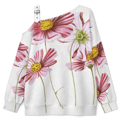 Off-the-shoulder Sweater Fleurs Des Cosmos Dessin  Asymmetric Cold Shoulder Knit Sweater for Women, Adjustable Buckle Strap Long Sleeve Casual Slouchy Pullover