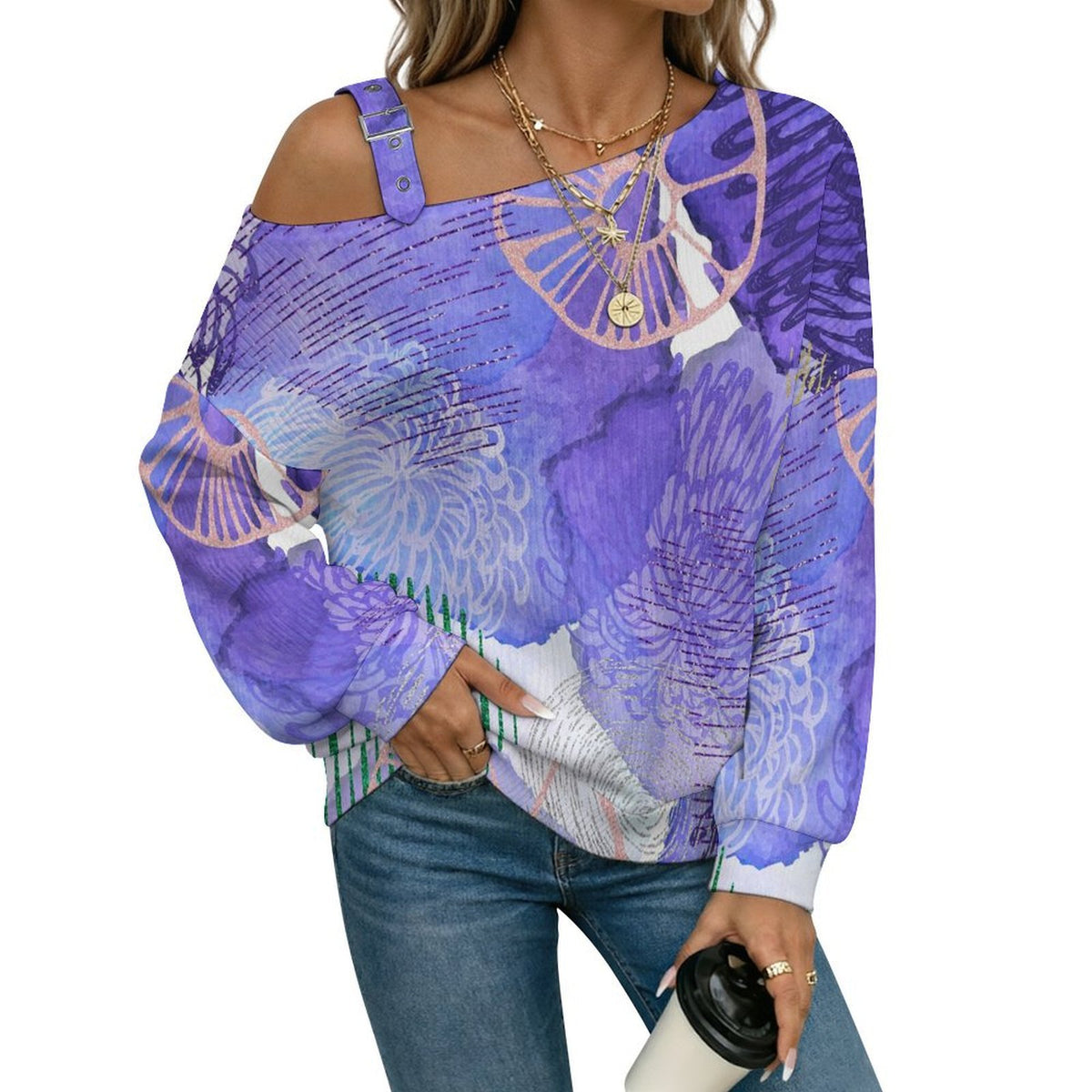 Off-the-shoulder Sweater Purple Pattern  Asymmetric Cold Shoulder Knit Sweater for Women, Adjustable Buckle Strap Long Sleeve Casual Slouchy Pullover