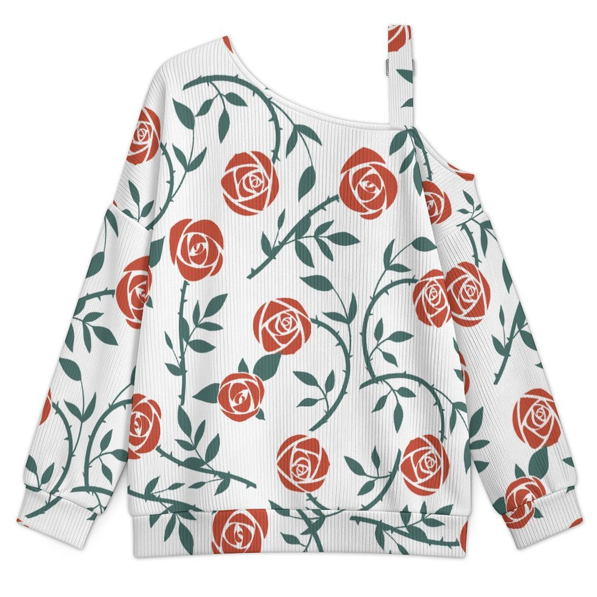 Off-the-shoulder Sweater Red Rose Tile Decorative Pattern  Asymmetric Cold Shoulder Knit Sweater for Women, Adjustable Buckle Strap Long Sleeve Casual Slouchy Pullover