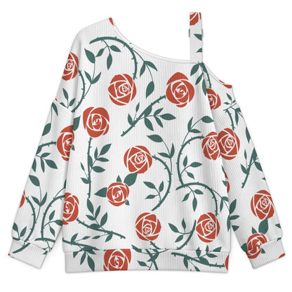 Off-the-shoulder Sweater Red Rose Tile Decorative Pattern  Asymmetric Cold Shoulder Knit Sweater for Women, Adjustable Buckle Strap Long Sleeve Casual Slouchy Pullover