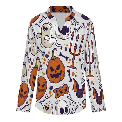 Stand-up Collar Long-sleeved Shirt Halloween, Ghosts, Pumpkins  Customization Women’s V-Neck Blouses,long Sleeve,Roll-Up Sleeve Shirt