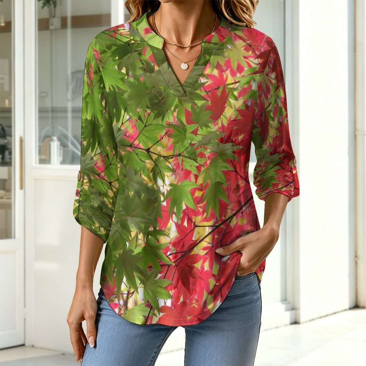 Stand-up Collar Long-sleeved Shirt Red And Green  Leaves  Customization Women’s V-Neck Blouses,long Sleeve,Roll-Up Sleeve Shirt
