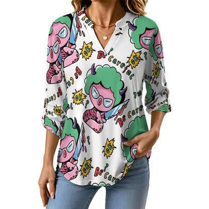 Stand-up Collar Long-sleeved Shirt Octopus Graffiti Pattern white SWomen’s V-Neck Blouses