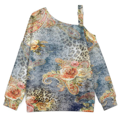 Off-the-shoulder Sweater Exotic Ethnic Patterns  Asymmetric Cold Shoulder Knit Sweater for Women, Adjustable Buckle Strap Long Sleeve Casual Slouchy Pullover
