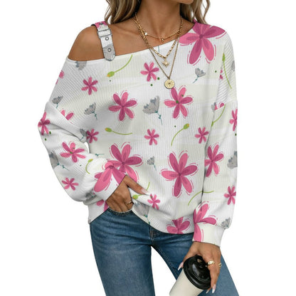 Off-the-shoulder Sweater Flowers, Leaves. Pattern Design  Asymmetric Cold Shoulder Knit Sweater for Women, Adjustable Buckle Strap Long Sleeve Casual Slouchy Pullover