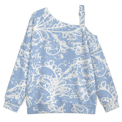 Off-the-shoulder Sweater Blue Pattern  Asymmetric Cold Shoulder Knit Sweater for Women, Adjustable Buckle Strap Long Sleeve Casual Slouchy Pullover