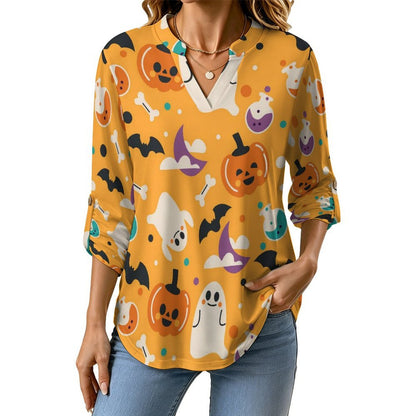 Stand-up Collar Long-sleeved Shirt Yellow, Halloween, Ghost  Customization Women’s V-Neck Blouses,long Sleeve,Roll-Up Sleeve Shirt