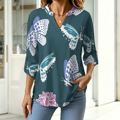 Stand-up Collar Long-sleeved Shirt Butterfly, Print  Women’s V-Neck Blouses