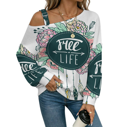 Off-the-shoulder Sweater Free Life  Asymmetric Cold Shoulder Knit Sweater for Women, Adjustable Buckle Strap Long Sleeve Casual Slouchy Pullover