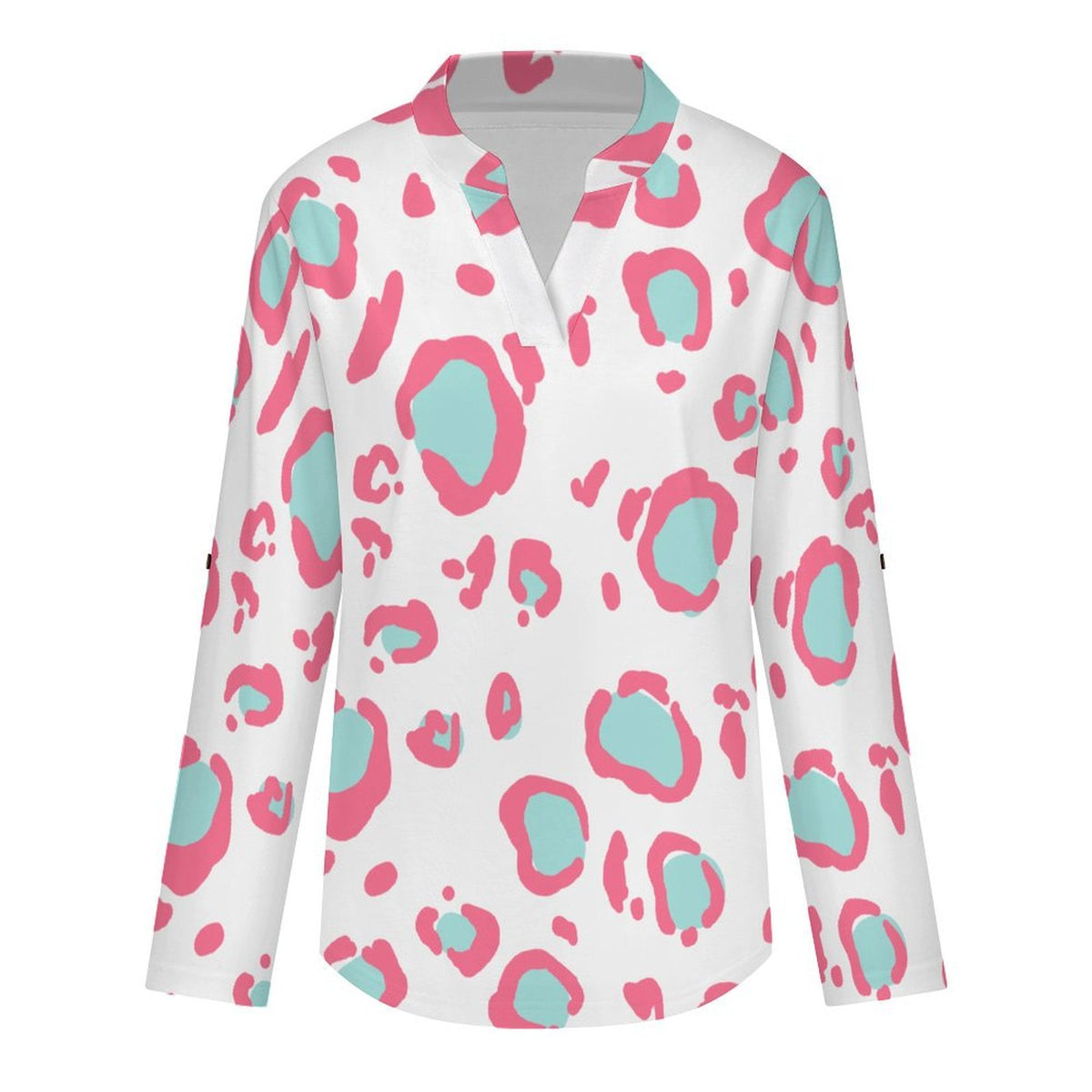 Stand-up Collar Long-sleeved Shirt Pink Leopard Print  Customization Women’s V-Neck Blouses,long Sleeve,Roll-Up Sleeve Shirt