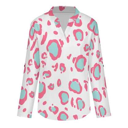 Stand-up Collar Long-sleeved Shirt Pink Leopard Print  Customization Women’s V-Neck Blouses,long Sleeve,Roll-Up Sleeve Shirt