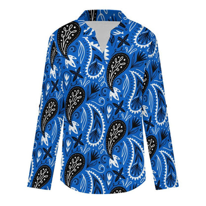 Paisley  Versatile Notched V-Neck Tunic | Roll Tab 3/4 Sleeve Office Casual Top