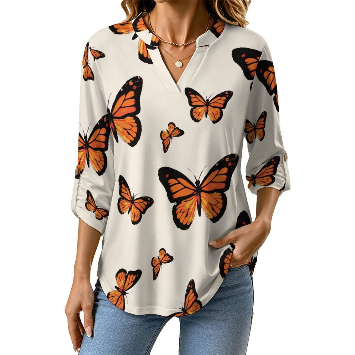 Stand-up Collar Long-sleeved Shirt Butterfly Orange Patterned Women's Dress  Customization Women’s V-Neck Blouses,long Sleeve,Roll-Up Sleeve Shirt