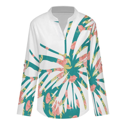 Stand-up Collar Long-sleeved Shirt Blue, Butterfly, Paper Cutting  Customization Women’s V-Neck Blouses,long Sleeve,Roll-Up Sleeve Shirt