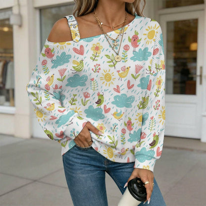 Off-the-shoulder Sweater Flowers Background  Asymmetric Cold Shoulder Knit Sweater for Women, Adjustable Buckle Strap Long Sleeve Casual Slouchy Pullover