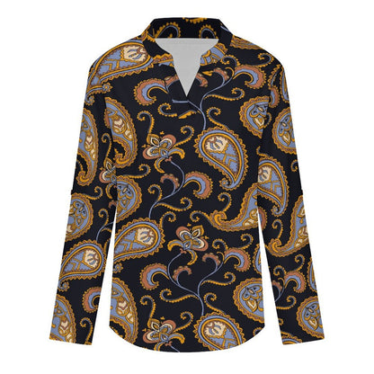 Women Curved Hem V Neck Roll Sleeve Casual Work Top  Paisley