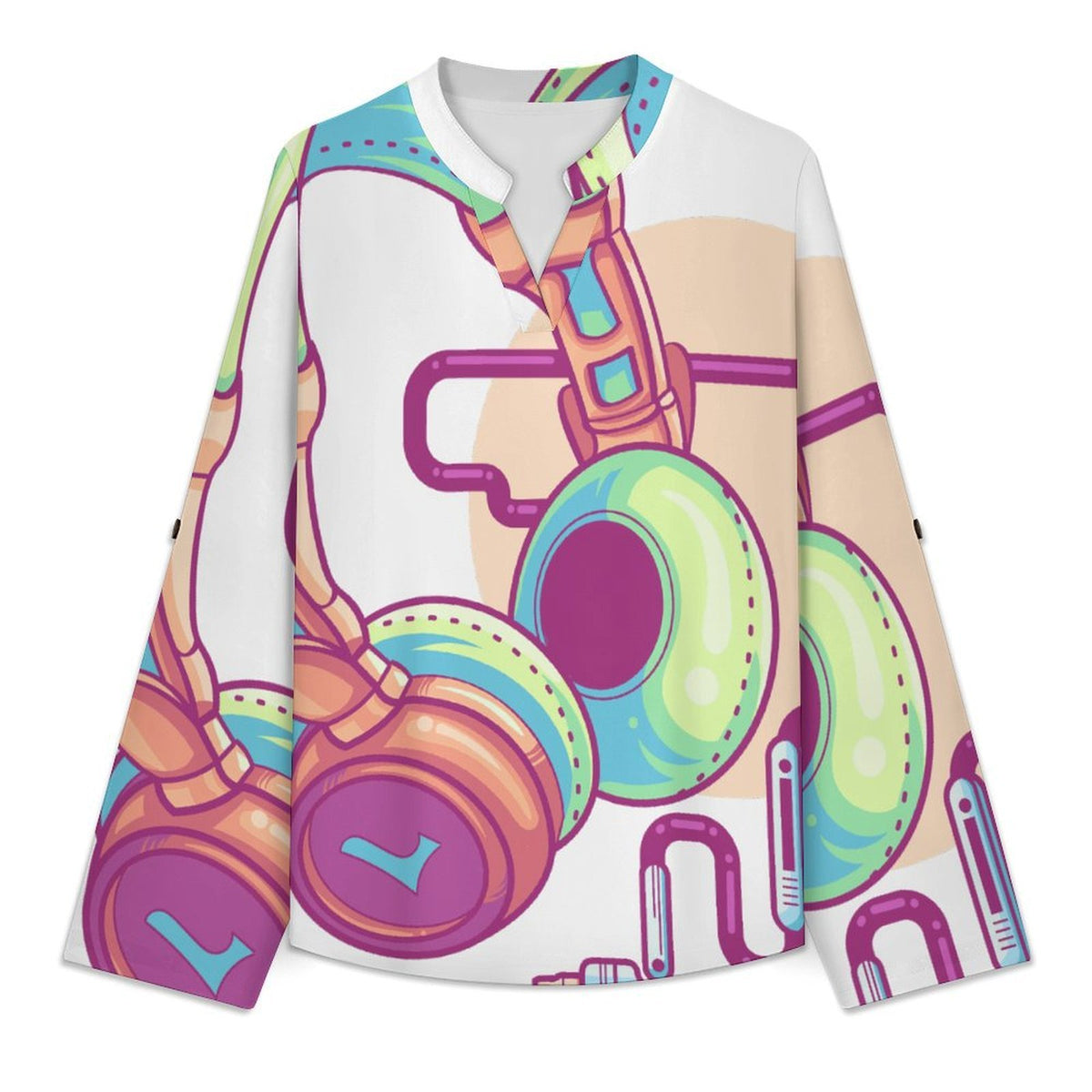 Stand-up Collar Long-sleeved Shirt Headphones, Music  Customization Women’s V-Neck Blouses,long Sleeve,Roll-Up Sleeve Shirt